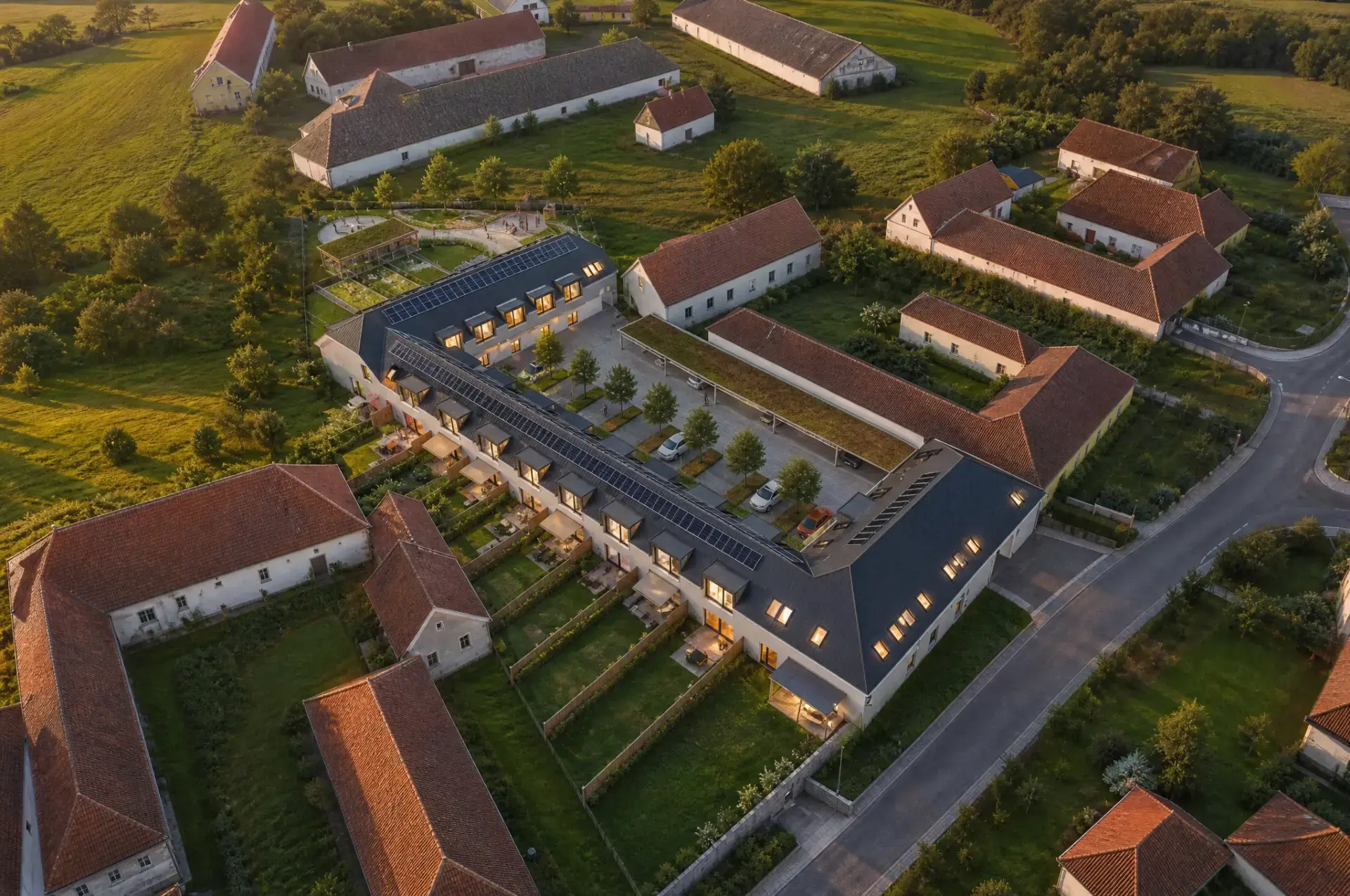 Letecký pohled na celý areál Žabovřeského dvora