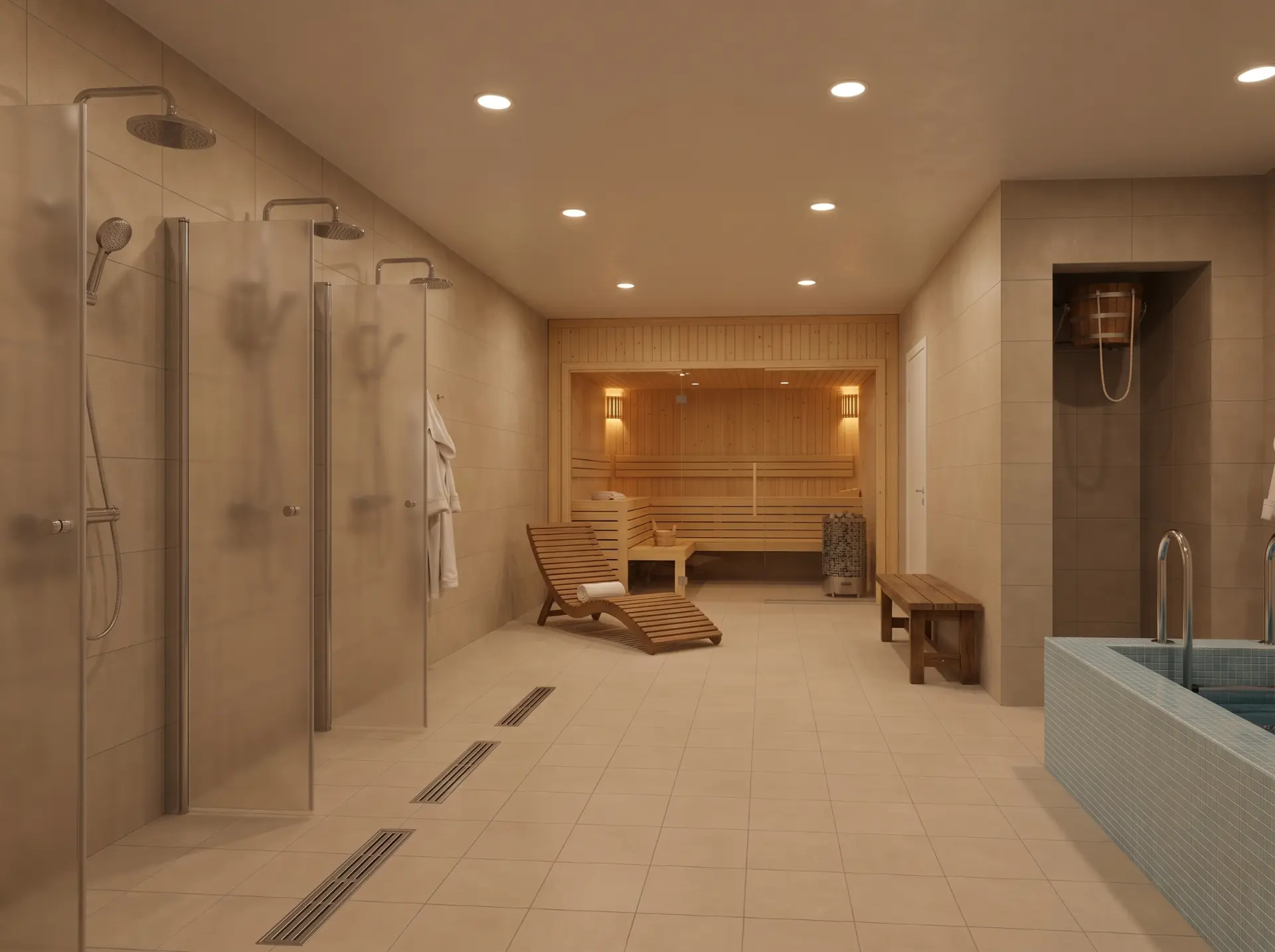 Sauna se sprchami a ochlazovacím bazénkem ve společném zázemí